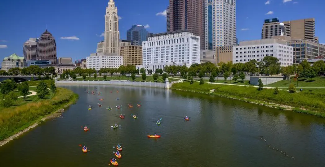 Kayak along the Scioto Mile. Source: Randall L. Schieber for Experience Columbus