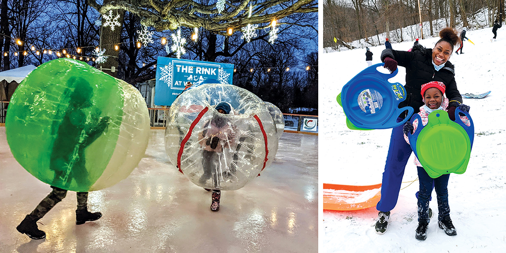 (Left) Recess Cleveland turned The Rink at Wade Oval into a temporary playground. (Right) Winners of Robertson’s Feb. 13 Human Bowling Sled Competition at Rockefeller Park show off their prized sleds.