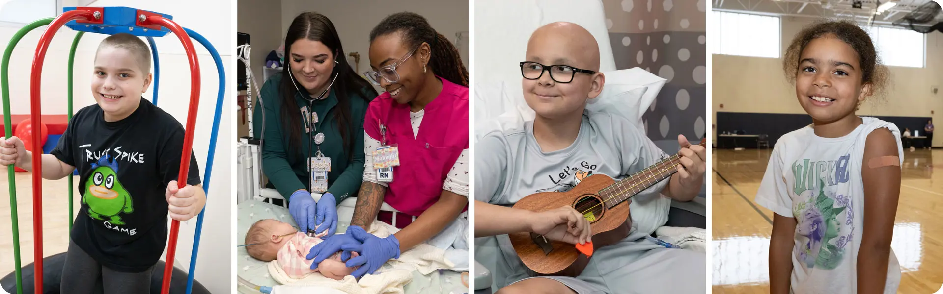 a collage of images showing children and nurses at Akron Children's