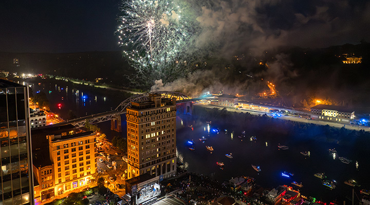 Fireworks and city at Charleston Sternwheel Regatta in West Virginia (photo courtesy of West Virginia Tourism)
